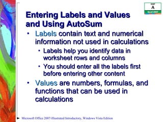 Entering Labels and Values and Using AutoSum Labels  contain text and numerical information not used in calculations Labels help you identify data in worksheet rows and columns You should enter all the labels first before entering other content Values  are numbers, formulas, and functions that can be used in calculations Microsoft Office 2007-Illustrated Introductory, Windows Vista Edition 