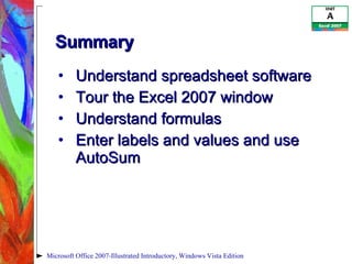 Summary Understand spreadsheet software Tour the Excel 2007 window Understand formulas Enter labels and values and use AutoSum Microsoft Office 2007-Illustrated Introductory, Windows Vista Edition 