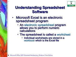 Understanding Spreadsheet Software Microsoft Excel is an electronic spreadsheet program An  electronic spreadsheet  program allows you to perform numeric calculations The spreadsheet is called a  worksheet Individual worksheets are stored in a  workbook  which is the Excel file Microsoft Office 2007-Illustrated Introductory, Windows Vista Edition 