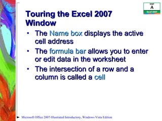 Touring the Excel 2007 Window The  Name box  displays the active cell address The  formula bar  allows you to enter or edit data in the worksheet The intersection of a row and a column is called a  cell Microsoft Office 2007-Illustrated Introductory, Windows Vista Edition 