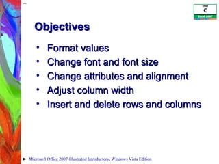 Format values Change font and font size Change attributes and alignment Adjust column width Insert and delete rows and columns Objectives Microsoft Office 2007-Illustrated Introductory, Windows Vista Edition 