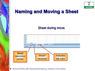 Naming and Moving a Sheet Microsoft Office 2007-Illustrated Introductory, Windows Vista Edition Sheet during move Sheet relocation pointer Sheet1 renamed Indicates tab color 