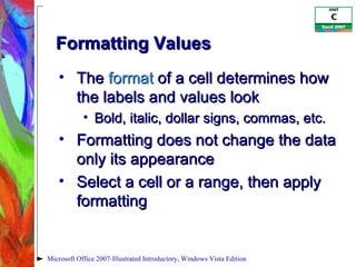 Formatting Values The  format  of a cell determines how the labels and values look Bold, italic, dollar signs, commas, etc. Formatting does not change the data only its appearance Select a cell or a range, then apply formatting Microsoft Office 2007-Illustrated Introductory, Windows Vista Edition 