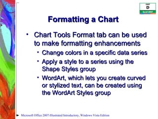 Formatting a Chart Chart Tools Format tab can be used to make formatting enhancements Change colors in a specific data series Apply a style to a series using the Shape Styles group WordArt, which lets you create curved or stylized text, can be created using the WordArt Styles group Microsoft Office 2007-Illustrated Introductory, Windows Vista Edition 