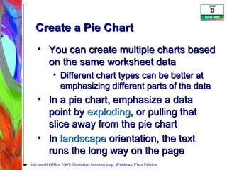 Create a Pie Chart You can create multiple charts based on the same worksheet data Different chart types can be better at emphasizing different parts of the data In a pie chart, emphasize a data point by  exploding , or pulling that slice away from the pie chart In  landscape  orientation, the text runs the long way on the page Microsoft Office 2007-Illustrated Introductory, Windows Vista Edition 