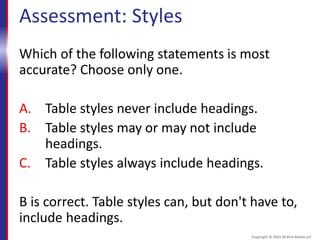 Assessment: Styles
Which of the following statements is most
accurate? Choose only one.
A. Table styles never include headings.
B. Table styles may or may not include
headings.
C. Table styles always include headings.
B is correct. Table styles can, but don't have to,
include headings.
Copyright © 2015 30 Bird Media LLC
 