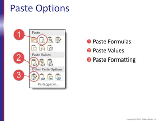 Paste Options
Paste Formulas
Paste Values
Paste Formatting
Copyright © 2015 30 Bird Media LLC
 