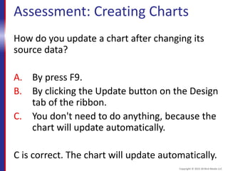 Assessment: Creating Charts
How do you update a chart after changing its
source data?
A. By press F9.
B. By clicking the Update button on the Design
tab of the ribbon.
C. You don't need to do anything, because the
chart will update automatically.
C is correct. The chart will update automatically.
Copyright © 2015 30 Bird Media LLC
 