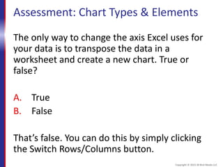 Assessment: Chart Types & Elements
The only way to change the axis Excel uses for
your data is to transpose the data in a
worksheet and create a new chart. True or
false?
A. True
B. False
That’s false. You can do this by simply clicking
the Switch Rows/Columns button.
Copyright © 2015 30 Bird Media LLC
 