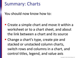 Summary: Charts
You should now know how to:
 Create a simple chart and move it within a
worksheet or to a chart sheet, and about
the link between a chart and its source
 Change a chart's type, create pie and
stacked or unstacked column charts,
switch rows and columns in a chart, and
control titles, legend, and value axis
Copyright © 2015 30 Bird Media LLC
 