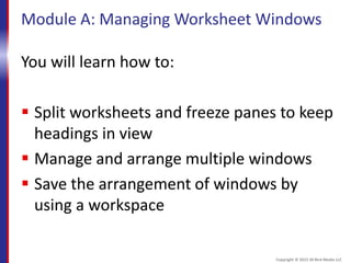 Module A: Managing Worksheet Windows
You will learn how to:
 Split worksheets and freeze panes to keep
headings in view
 Manage and arrange multiple windows
 Save the arrangement of windows by
using a workspace
Copyright © 2015 30 Bird Media LLC
 