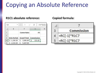 Copying an Absolute Reference
R1C1 absolute reference: Copied formula:
Copyright © 2015 30 Bird Media LLC
 