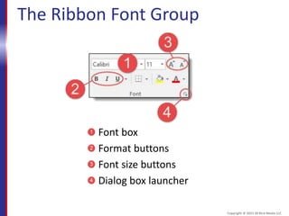 The Ribbon Font Group
Font box
Format buttons
Font size buttons
Dialog box launcher
Copyright © 2015 30 Bird Media LLC
 
