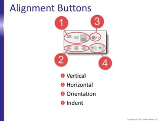 Alignment Buttons
Vertical
Horizontal
Orientation
Indent
Copyright © 2015 30 Bird Media LLC
 