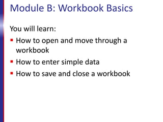 Module B: Workbook Basics
You will learn:
 How to open and move through a
workbook
 How to enter simple data
 How to save and close a workbook
 