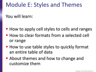 Module E: Styles and Themes
You will learn:
 How to apply cell styles to cells and ranges
 How to clear formats from a selected cell
or range
 How to use table styles to quickly format
an entire table of data
 About themes and how to change and
customize them
Copyright © 2015 30 Bird Media LLC
 