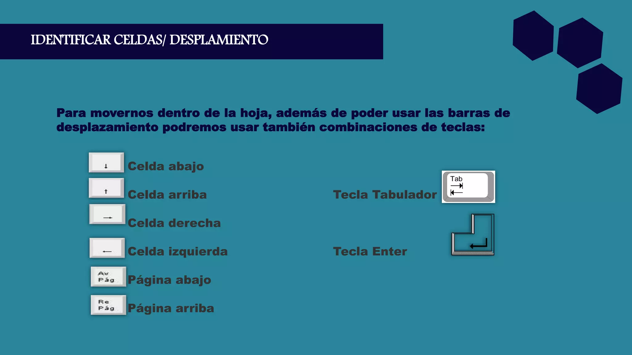 IDENTIFICAR CELDAS/ DESPLAMIENTO
Para movernos dentro de la hoja, además de poder usar las barras de
desplazamiento podremos usar también combinaciones de teclas:
Celda abajo
Celda arriba Tecla Tabulador
Celda derecha
Celda izquierda Tecla Enter
Página abajo
Página arriba
 