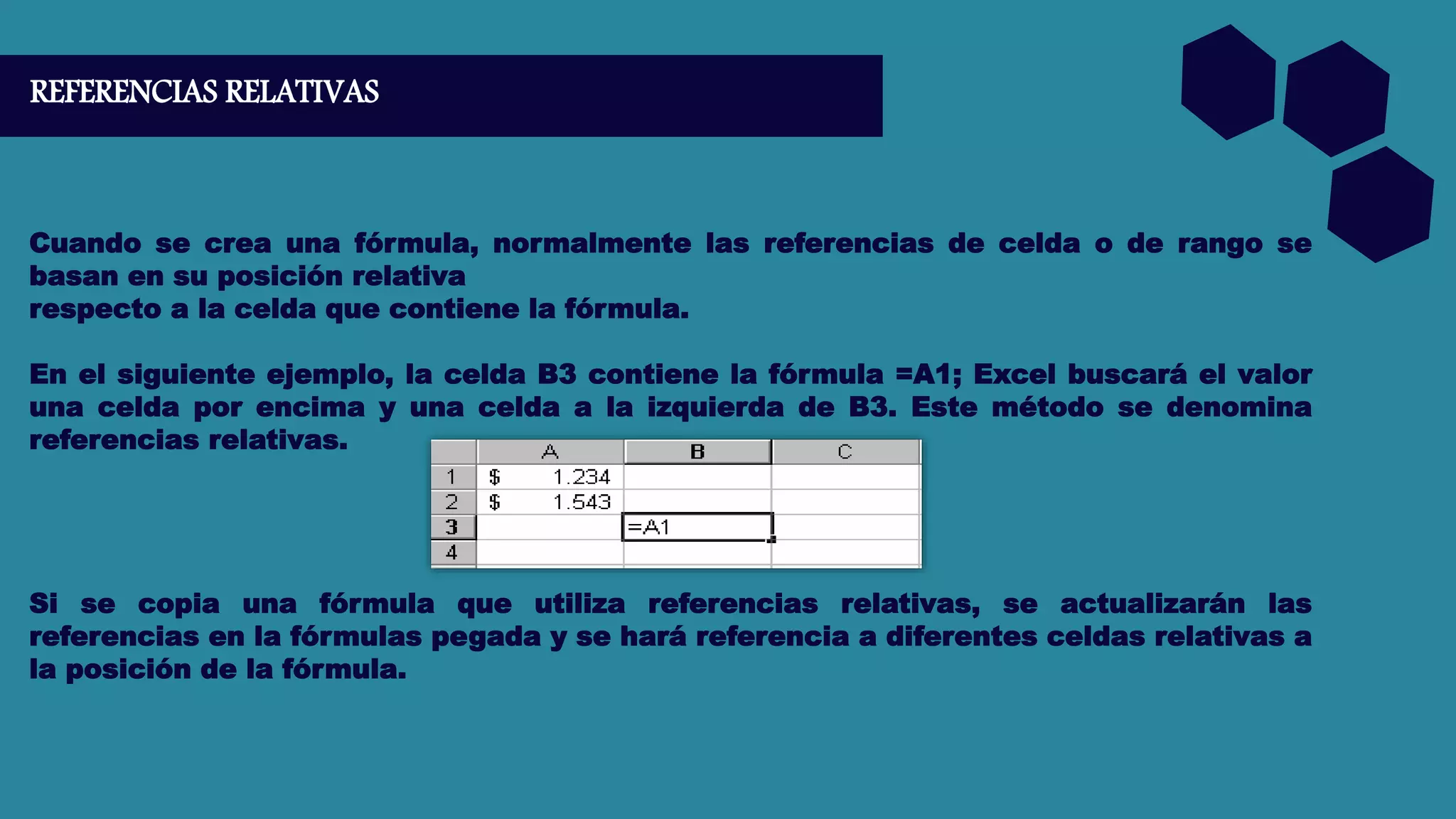 REFERENCIAS RELATIVAS
Cuando se crea una fórmula, normalmente las referencias de celda o de rango se
basan en su posición relativa
respecto a la celda que contiene la fórmula.
En el siguiente ejemplo, la celda B3 contiene la fórmula =A1; Excel buscará el valor
una celda por encima y una celda a la izquierda de B3. Este método se denomina
referencias relativas.
Si se copia una fórmula que utiliza referencias relativas, se actualizarán las
referencias en la fórmulas pegada y se hará referencia a diferentes celdas relativas a
la posición de la fórmula.
 