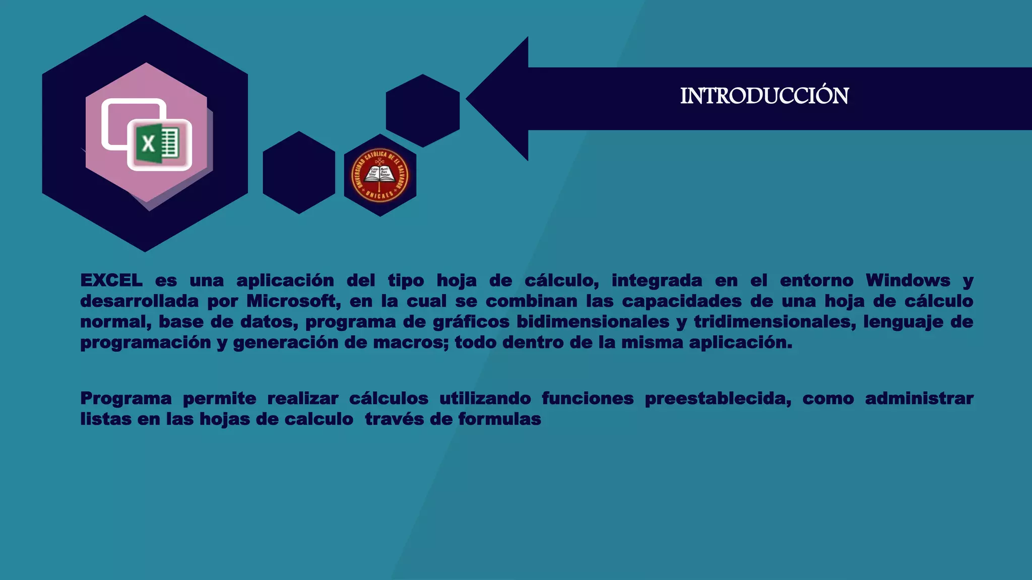 INTRODUCCIÓN
EXCEL es una aplicación del tipo hoja de cálculo, integrada en el entorno Windows y
desarrollada por Microsoft, en la cual se combinan las capacidades de una hoja de cálculo
normal, base de datos, programa de gráficos bidimensionales y tridimensionales, lenguaje de
programación y generación de macros; todo dentro de la misma aplicación.
Programa permite realizar cálculos utilizando funciones preestablecida, como administrar
listas en las hojas de calculo través de formulas
 