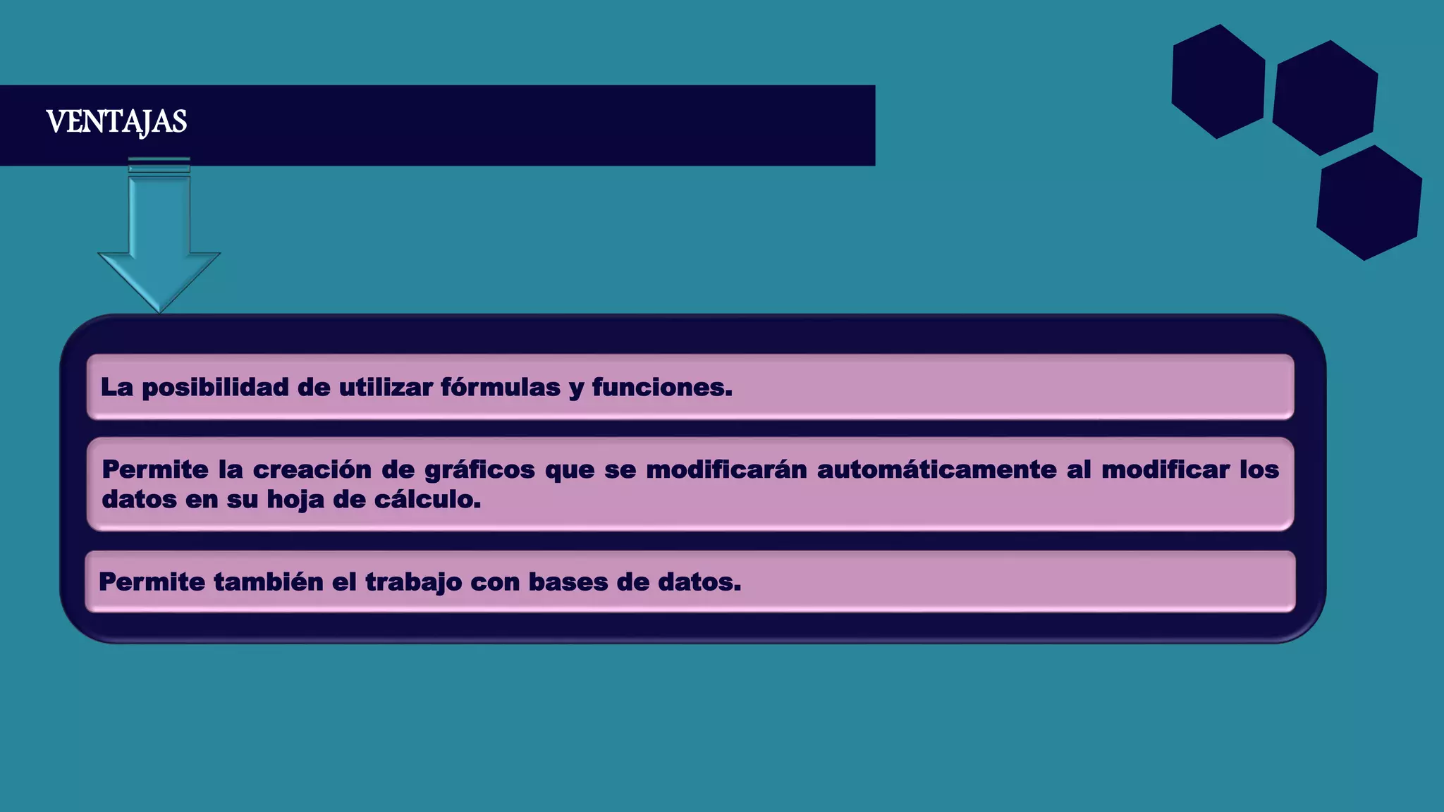 VENTAJAS
La posibilidad de utilizar fórmulas y funciones.
Permite la creación de gráficos que se modificarán automáticamente al modificar los
datos en su hoja de cálculo.
Permite también el trabajo con bases de datos.
 