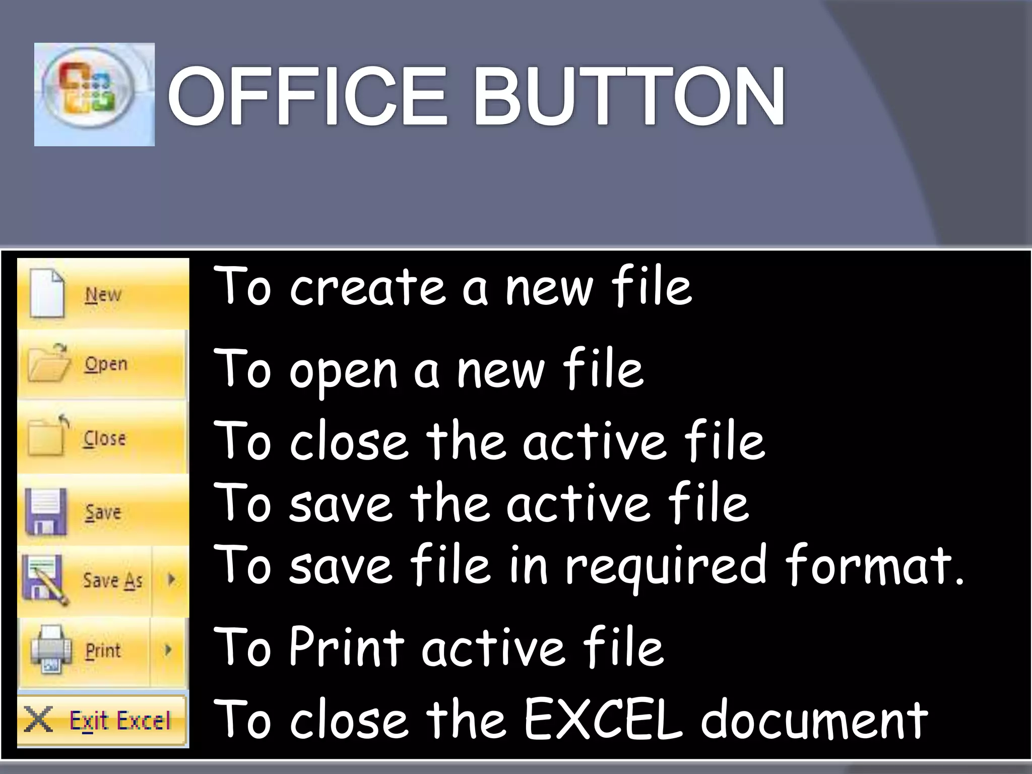 To create a new file
To open a new file
To close the active file
To save the active file
To save file in required format.
To Print active file
To close the EXCEL document.
 