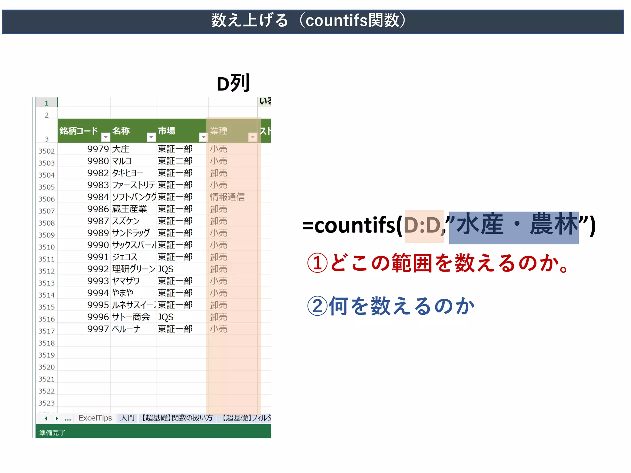 D列
数え上げる（countifs関数）
=countifs(D:D,”水産・農林”)
①どこの範囲を数えるのか。
②何を数えるのか
 