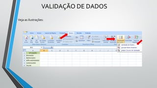 VALIDAÇÃO DE DADOS
Veja as ilustrações:
 