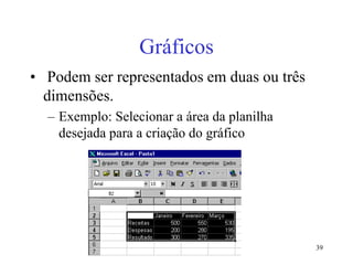 39
Gráficos
• Podem ser representados em duas ou três
dimensões.
– Exemplo: Selecionar a área da planilha
desejada para a criação do gráfico
 
