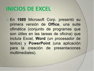 INICIOS DE EXCEL
 En 1989 Microsoft Corp. presentó su
primera versión de Office, una suite
ofimática (conjunto de programas que
son útiles en las tareas de oficina) que
incluía Excel, Word (un procesador de
textos) y PowerPoint (una aplicación
para la creación de presentaciones
multimediales).
 