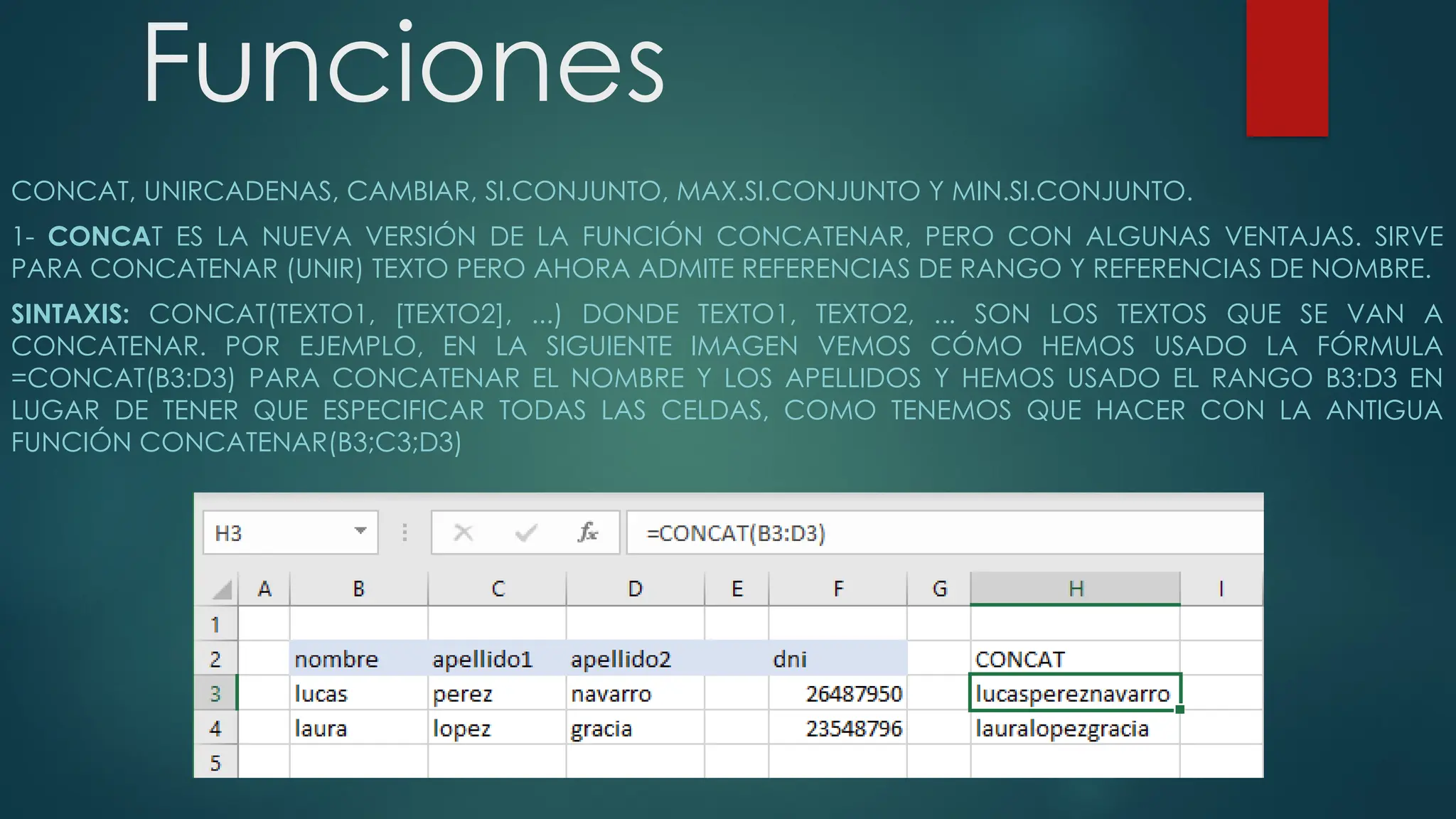 Funciones
CONCAT, UNIRCADENAS, CAMBIAR, SI.CONJUNTO, MAX.SI.CONJUNTO Y MIN.SI.CONJUNTO.
1- CONCAT ES LA NUEVA VERSIÓN DE LA FUNCIÓN CONCATENAR, PERO CON ALGUNAS VENTAJAS. SIRVE
PARA CONCATENAR (UNIR) TEXTO PERO AHORA ADMITE REFERENCIAS DE RANGO Y REFERENCIAS DE NOMBRE.
SINTAXIS: CONCAT(TEXTO1, [TEXTO2], ...) DONDE TEXTO1, TEXTO2, ... SON LOS TEXTOS QUE SE VAN A
CONCATENAR. POR EJEMPLO, EN LA SIGUIENTE IMAGEN VEMOS CÓMO HEMOS USADO LA FÓRMULA
=CONCAT(B3:D3) PARA CONCATENAR EL NOMBRE Y LOS APELLIDOS Y HEMOS USADO EL RANGO B3:D3 EN
LUGAR DE TENER QUE ESPECIFICAR TODAS LAS CELDAS, COMO TENEMOS QUE HACER CON LA ANTIGUA
FUNCIÓN CONCATENAR(B3;C3;D3)
 
