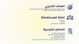 ‫التدريبي‬ ‫الهدف‬
‫المحاسبون‬
‫الماليون‬
‫المالي‬ ‫التحليل‬ ‫في‬ ‫العاملون‬
‫المستهدفة‬ ‫الفئة‬
‫المتقدمة‬ ‫والدوال‬ ‫الصيغ‬
‫المحورية‬ ‫والجداول‬ ‫البيانات‬ ‫إدارة‬
‫والتنبؤ‬ ‫التحليل‬ ‫أدوات‬
VBA ‫وبرمجة‬ ‫الماكرو‬ ‫تقنيات‬
.‫التدريبي‬ ‫البرنامج‬ ‫شمولية‬ ‫تضمن‬ ‫اللي‬ ‫التدريبية‬ ‫المحاور‬ ‫من‬ ‫وغيرها‬
‫يسية‬‫ئ‬‫الر‬ ‫المحاور‬
‫لتحليل‬ Excel ‫في‬ ‫المتقدمة‬ ‫األدوات‬ ‫استخدام‬ ‫كيفية‬ ‫المشاركين‬ ‫تعليم‬
.‫بفعالية‬ ‫المعقدة‬ ‫الحسابات‬ ‫وإجراء‬ ‫البيانات‬
 
