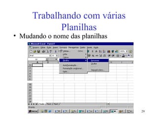 29
Trabalhando com várias
Planilhas
• Mudando o nome das planilhas
 