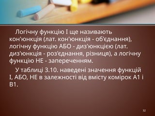 Логічну функцію І ще називають
кон'юнкція (лат. кон'юнкція - об'єднання),
логічну функцію АБО - диз'юнкцією (лат.
диз'юнкція - роз'єднання, різниця), а логічну
функцію НЕ - запереченням.
У таблиці 3.10. наведені значення функцій
І, АБО, НЕ в залежності від вмісту комірок A1 і
B1.
32
 