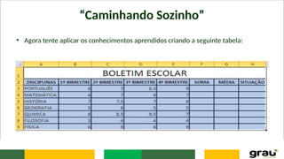 “Caminhando Sozinho”
• Agora tente aplicar os conhecimentos aprendidos criando a seguinte tabela:
 