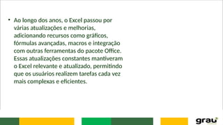 • Ao longo dos anos, o Excel passou por
várias atualizações e melhorias,
adicionando recursos como gráficos,
fórmulas avançadas, macros e integração
com outras ferramentas do pacote Office.
Essas atualizações constantes mantiveram
o Excel relevante e atualizado, permitindo
que os usuários realizem tarefas cada vez
mais complexas e eficientes.
 