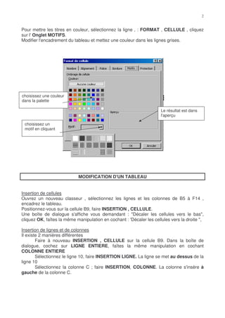 Pour mettre les titres en couleur, sélectionnez la ligne , : FORMAT , CELLULE , cliquez
sur l' Onglet MOTIFS.
Modifier l'encadrement du tableau et mettez une couleur dans les lignes grises.




choisissez une couleur
dans la palette

                                                                      Le résultat est dans
                                                                      l'aperçu

 choisissez un
 motif en cliquant




                            MODIFICATION D'UN TABLEAU


Insertion de cellules
Ouvrez un nouveau classeur , sélectionnez les lignes et les colonnes de B5 à F14 ,
encadrez le tableau.
Positionnez-vous sur la cellule B9, faire INSERTION , CELLULE.
Une boîte de dialogue s'affiche vous demandant : "Décaler les cellules vers le bas",
cliquez OK, faîtes la même manipulation en cochant : 'Décaler les cellules vers la droite ",

Insertion de lignes et de colonnes
Il existe 2 manières différentes
        Faire à nouveau INSERTION , CELLULE sur la cellule B9. Dans la boîte de
dialogue, cochez sur LIGNE ENTIERE, faîtes la même manipulation en cochant
COLONNE ENTIERE
        Sélectionnez le ligne 10, faire INSERTION LIGNE. La ligne se met au dessus de la
ligne 10
        Sélectionnez la colonne C ; faire INSERTION, COLONNE. La colonne s'insère à
gauche de la colonne C.
 