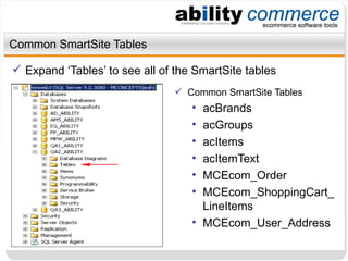 Common SmartSite Tables Common SmartSite Tables acBrands acGroups acItems acItemText MCEcom_Order MCEcom_ShoppingCart_LineItems MCEcom_User_Address Expand ‘Tables’ to see all of the SmartSite tables 