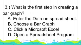 3.) What is the first step in creating a
bar graph?
A. Enter the Data on spread sheet.
B. Choose a Bar Graph
C. Click a Microsoft Excel
D. Open a Spreadsheet Program
26
 