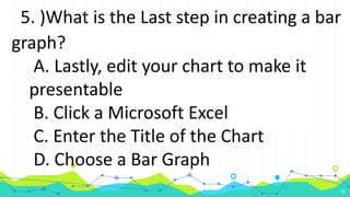 5. )What is the Last step in creating a bar
graph?
A. Lastly, edit your chart to make it
presentable
B. Click a Microsoft Excel
C. Enter the Title of the Chart
D. Choose a Bar Graph
26
 