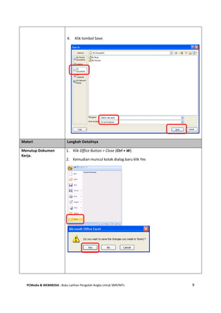 PCMedia & WEBMEDIA : Buku Latihan Pengolah Angka Untuk SMP/MTs 9
4. Klik tombol Save.
Materi Langkah Detailnya
Menutup Dokumen
Kerja.
1. Klik Office Button > Close (Ctrl + W).
2. Kemudian muncul kotak dialog baru klik Yes
 