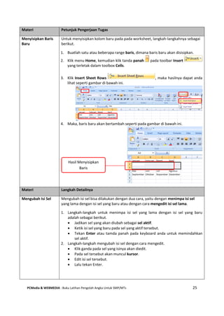 PCMedia & WEBMEDIA : Buku Latihan Pengolah Angka Untuk SMP/MTs 25
Materi Petunjuk Pengerjaan Tugas
Menyisipkan Baris
Baru
Untuk menyisipkan kolom baru pada pada worksheet, langkah-langkahnya sebagai
berikut.
1. Buatlah satu atau beberapa range baris, dimana baris baru akan disisipkan.
2. Klik menu Home, kemudian klik tanda panah pada toolbar Insert
yang terletak dalam toolbox Cells.
3. Klik Insert Sheet Rows , maka hasilnya dapat anda
lihat seperti gambar di bawah ini.
4. Maka, baris baru akan bertambah seperti pada gambar di bawah ini.
Materi Langkah Detailnya
Mengubah Isi Sel Mengubah isi sel bisa dilakukan dengan dua cara, yaitu dengan menimpa isi sel
yang lama dengan isi sel yang baru atau dengan cara mengedit isi sel lama.
1. Langkah-langkah untuk menimpa isi sel yang lama dengan isi sel yang baru
adalah sebagai berikut.
 Jadikan sel yang akan diubah sebagai sel aktif.
 Ketik isi sel yang baru pada sel yang aktif tersebut.
 Tekan Enter atau tamda panah pada keyboard anda untuk memindahkan
sel aktif.
2. Langkah-langkah mengubah isi sel dengan cara mengedit.
 Klik ganda pada sel yang isinya akan diedit.
 Pada sel tersebut akan muncul kursor.
 Edit isi sel tersebut.
 Lalu tekan Enter.
Hasil Menyisipkan
Baris
 