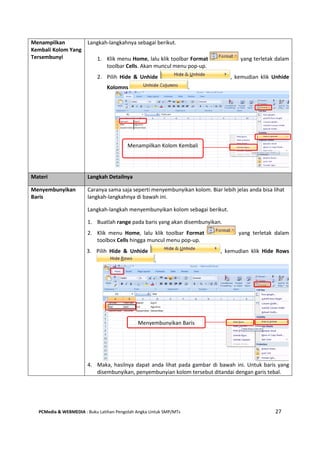 PCMedia & WEBMEDIA : Buku Latihan Pengolah Angka Untuk SMP/MTs 27
Menampilkan
Kembali Kolom Yang
Tersembunyi
Langkah-langkahnya sebagai berikut.
1. Klik menu Home, lalu klik toolbar Format yang terletak dalam
toolbar Cells. Akan muncul menu pop-up.
2. Pilih Hide & Unhide , kemudian klik Unhide
Kolomns .
Materi Langkah Detailnya
Menyembunyikan
Baris
Caranya sama saja seperti menyembunyikan kolom. Biar lebih jelas anda bisa lihat
langkah-langkahnya di bawah ini.
Langkah-langkah menyembunyikan kolom sebagai berikut.
1. Buatlah range pada baris yang akan disembunyikan.
2. Klik menu Home, lalu klik toolbar Format yang terletak dalam
toolbox Cells hingga muncul menu pop-up.
3. Pilih Hide & Unhide , kemudian klik Hide Rows
.
4. Maka, hasilnya dapat anda lihat pada gambar di bawah ini. Untuk baris yang
disembunyikan, penyembunyian kolom tersebut ditandai dengan garis tebal.
Menampilkan Kolom Kembali
Menyembunyikan Baris
 