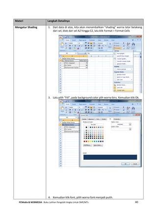 PCMedia & WEBMEDIA : Buku Latihan Pengolah Angka Untuk SMP/MTs 40
Materi Langkah Detailnya
Mengatur Shading 1. Dari data di atas, kita akan menambahkan “shading” warna latar belakang
dari sel, blok dari sel A2 hingga C2, lalu klik Format > Format Cells
3. Lalu pilih “Fill”, pada background color plih warna biru. Kemudian klik Ok.
4. Kemudian klik font, pilih warna font menjadi putih.
 