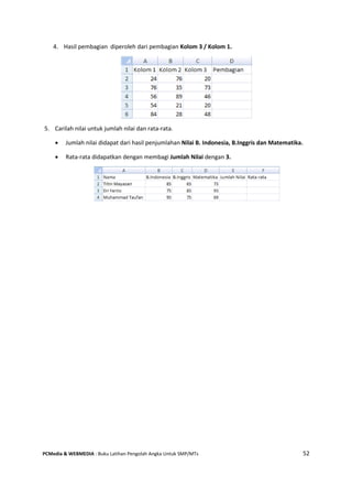 PCMedia & WEBMEDIA : Buku Latihan Pengolah Angka Untuk SMP/MTs 52
4. Hasil pembagian diperoleh dari pembagian Kolom 3 / Kolom 1.
5. Carilah nilai untuk jumlah nilai dan rata-rata.
 Jumlah nilai didapat dari hasil penjumlahan Nilai B. Indonesia, B.Inggris dan Matematika.
 Rata-rata didapatkan dengan membagi Jumlah Nilai dengan 3.
 