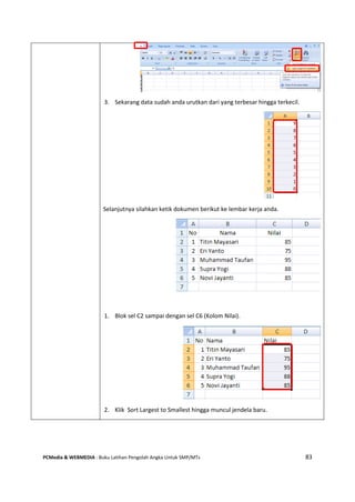 PCMedia & WEBMEDIA : Buku Latihan Pengolah Angka Untuk SMP/MTs 83
3. Sekarang data sudah anda urutkan dari yang terbesar hingga terkecil.
Selanjutnya silahkan ketik dokumen berikut ke lembar kerja anda.
1. Blok sel C2 sampai dengan sel C6 (Kolom Nilai).
2. Klik Sort Largest to Smallest hingga muncul jendela baru.
 