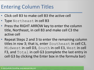 Entering Column TitlesClick cell B3 to make cell B3 the active cellType Northeast in cell B3Press the RIGHT ARROW key to enter the column title, Northeast, in cell B3 and make cell C3 the active cellRepeat Steps 2 and 3 to enter the remaining column titles in row 3; that is, enter Southeast in cell C3, Midwest in cell D3, South in cell E3, West in cell F3, and Total in cell G3 (complete the last entry in cell G3 by clicking the Enter box in the formula bar)© OpenCastLabs Consulting. www.opencast-labs.com