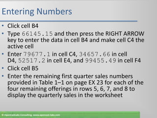 Entering NumbersClick cell B4Type 66145.15 and then press the RIGHT ARROW key to enter the data in cell B4 and make cell C4 the active cellEnter 79677.1 in cell C4, 34657.66in cell D4, 52517.2 in cell E4, and 99455.49 in cell F4Click cell B5Enter the remaining first quarter sales numbers provided in Table 1–1 on page EX 23 for each of the four remaining offerings in rows 5, 6, 7, and 8 to display the quarterly sales in the worksheet© OpenCastLabs Consulting. www.opencast-labs.com