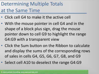 Determining Multiple Totals at the Same TimeClick cell G4 to make it the active cellWith the mouse pointer in cell G4 and in the shape of a block plus sign, drag the mouse pointer down to cell G9 to highlight the range G4:G9 with a transparent viewClick the Sum button on the Ribbon to calculate and display the sums of the corresponding rows of sales in cells G4, G5, G6, G7, G8, and G9Select cell A10 to deselect the range G4:G9© OpenCastLabs Consulting. www.opencast-labs.com