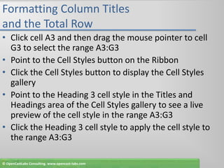 Formatting Column Titles and the Total RowClick cell A3 and then drag the mouse pointer to cell G3 to select the range A3:G3Point to the Cell Styles button on the RibbonClick the Cell Styles button to display the Cell Styles galleryPoint to the Heading 3 cell style in the Titles and Headings area of the Cell Styles gallery to see a live preview of the cell style in the range A3:G3Click the Heading 3 cell style to apply the cell style to the range A3:G3© OpenCastLabs Consulting. www.opencast-labs.com