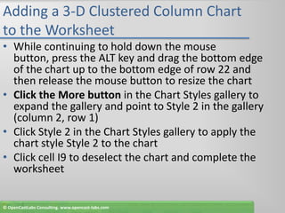 Adding a 3-D Clustered Column Chart to the WorksheetWhile continuing to hold down the mouse button, press the ALT key and drag the bottom edge of the chart up to the bottom edge of row 22 and then release the mouse button to resize the chartClick the More button in the Chart Styles gallery to expand the gallery and point to Style 2 in the gallery (column 2, row 1)Click Style 2 in the Chart Styles gallery to apply the chart style Style 2 to the chartClick cell I9 to deselect the chart and complete the worksheet© OpenCastLabs Consulting. www.opencast-labs.com